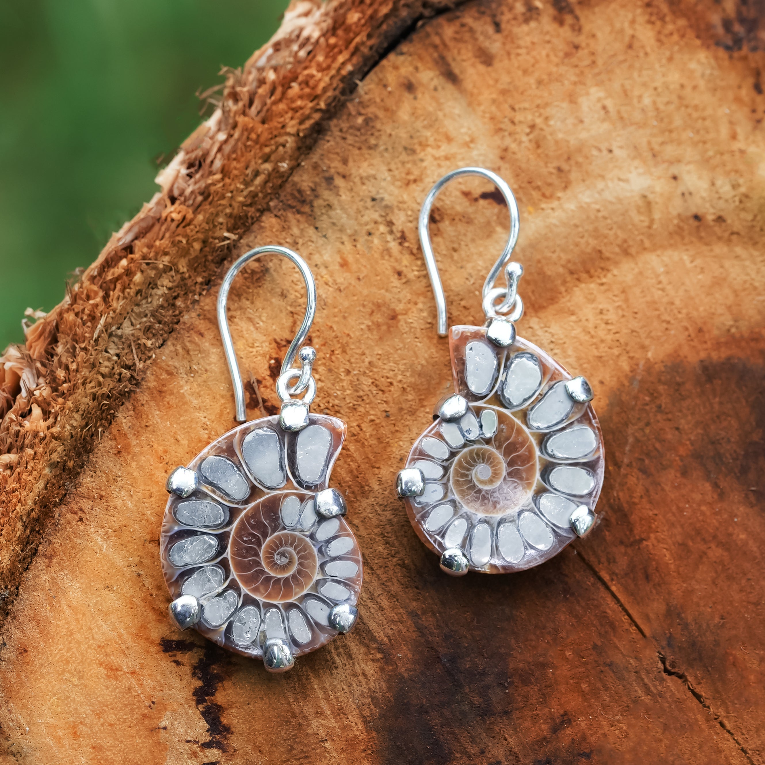 Starborn Pyrite Inlaid Ammonite Earrings in Sterling Silver