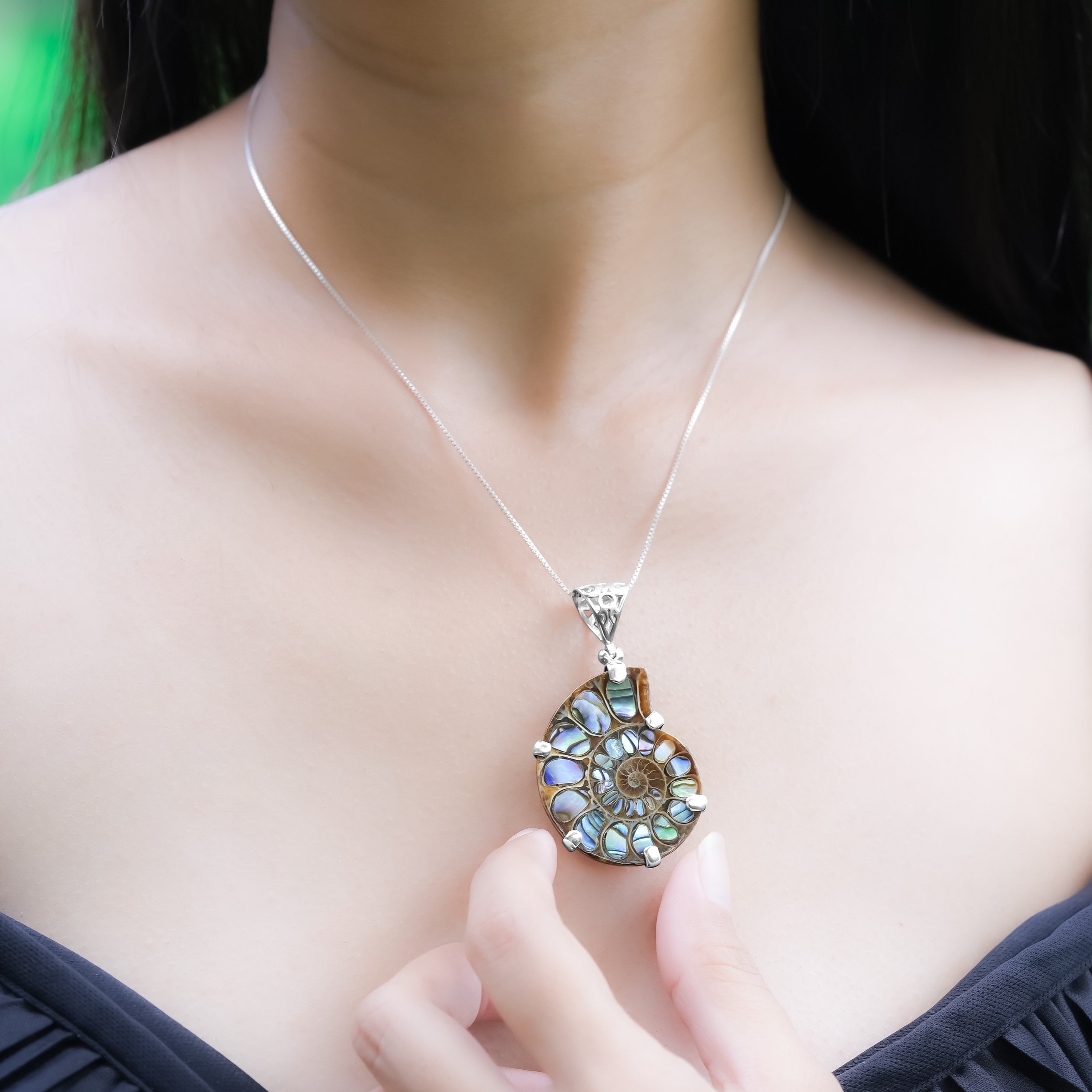Starborn Ammonite with Abalone Shell Inlay Pendant in Sterling Silver