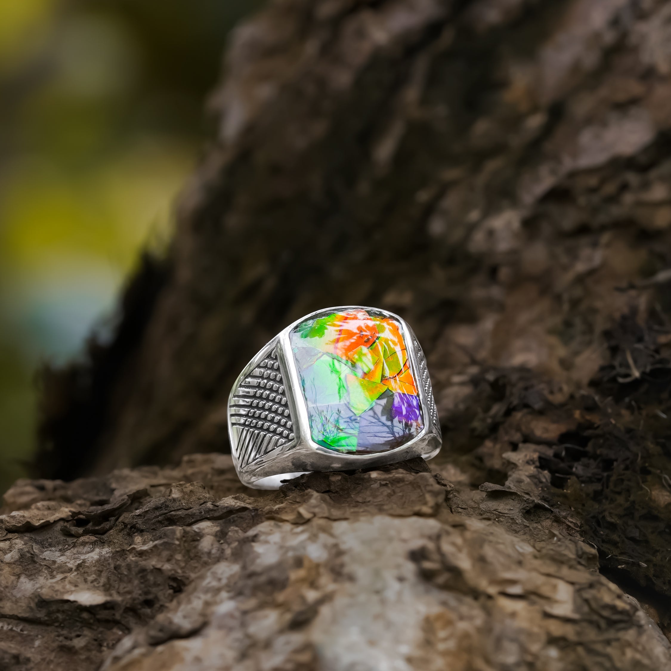 Starborn Kissenförmiger Ring mit Ammolit-Inlay aus Sterlingsilber