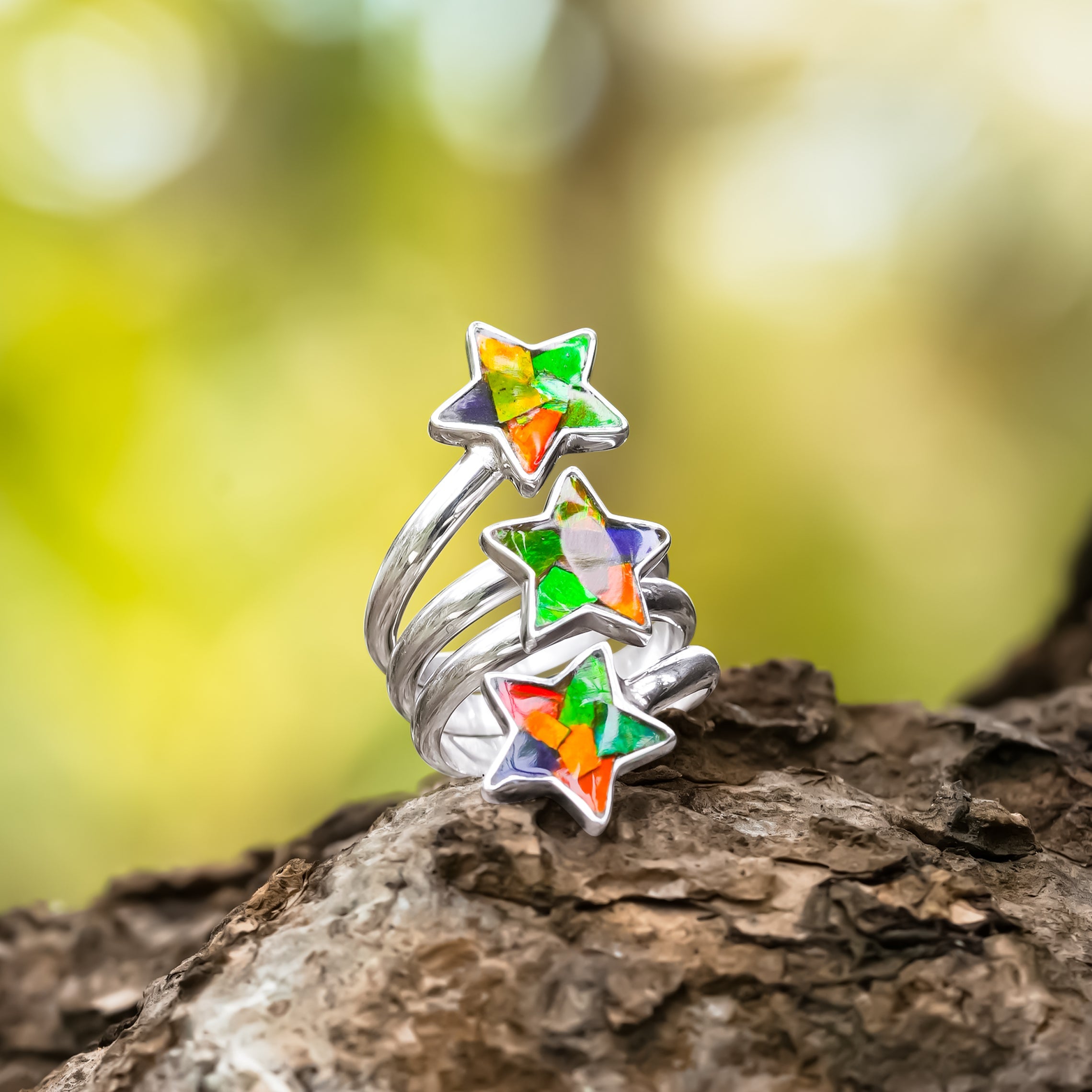 Starborn Ammolite 3-Sterne-Spiralring aus Sterlingsilber