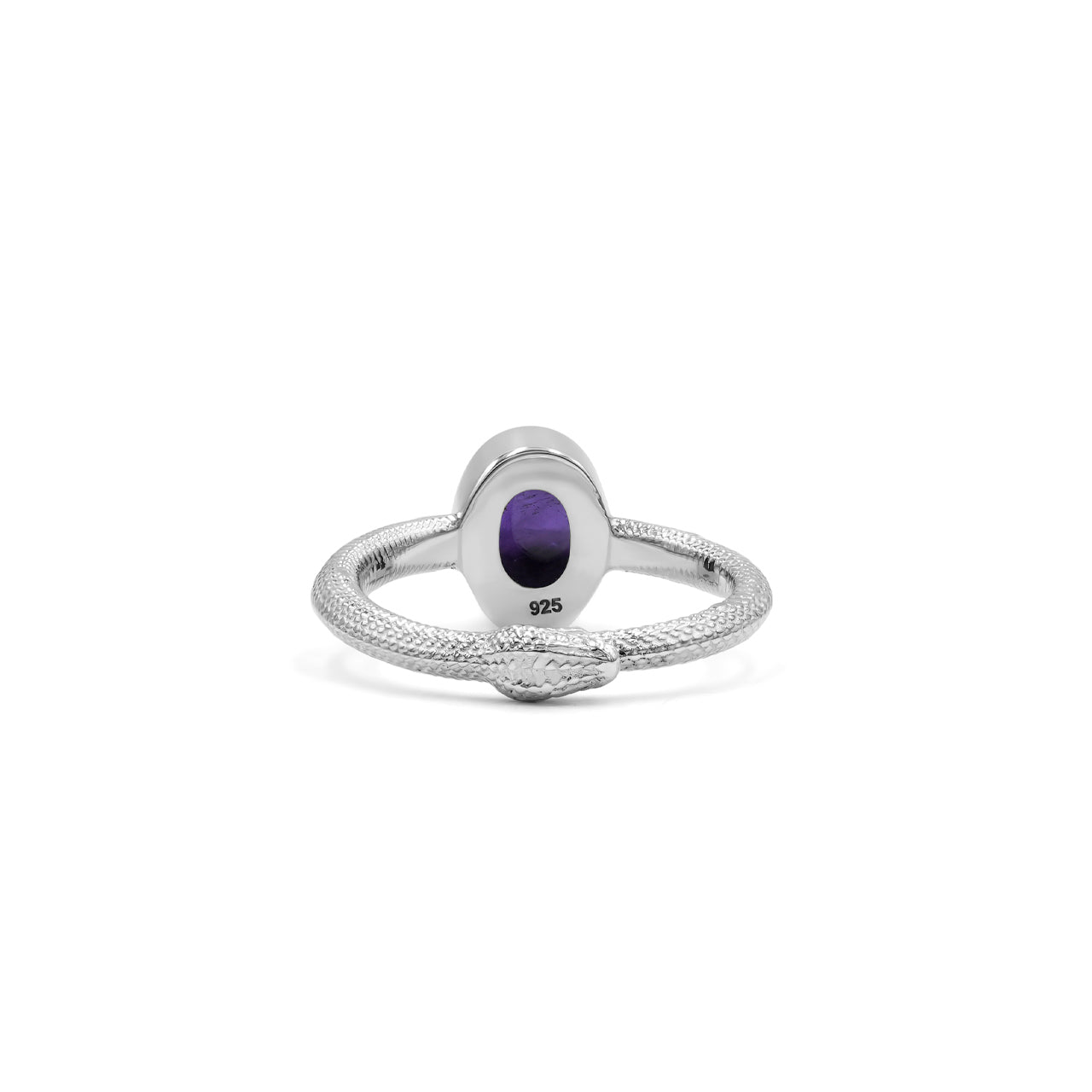 Back view of an ouroboros ring with an oval amethyst stone showing the reverse side of the sterling silver band design