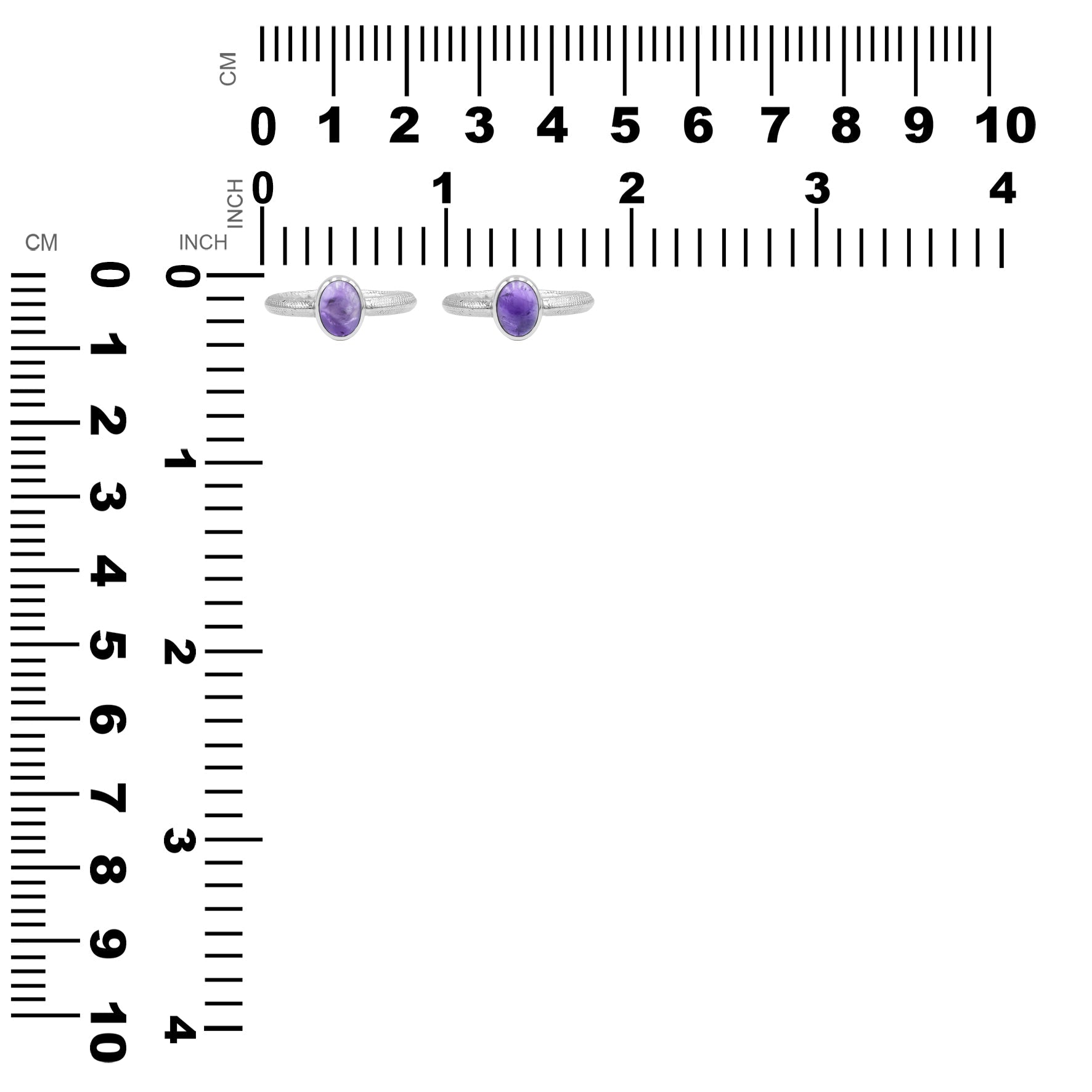 Pair of an Amethyst Ouroboros rings displayed next to measurement chart showing the height and width in centimeters and inches.