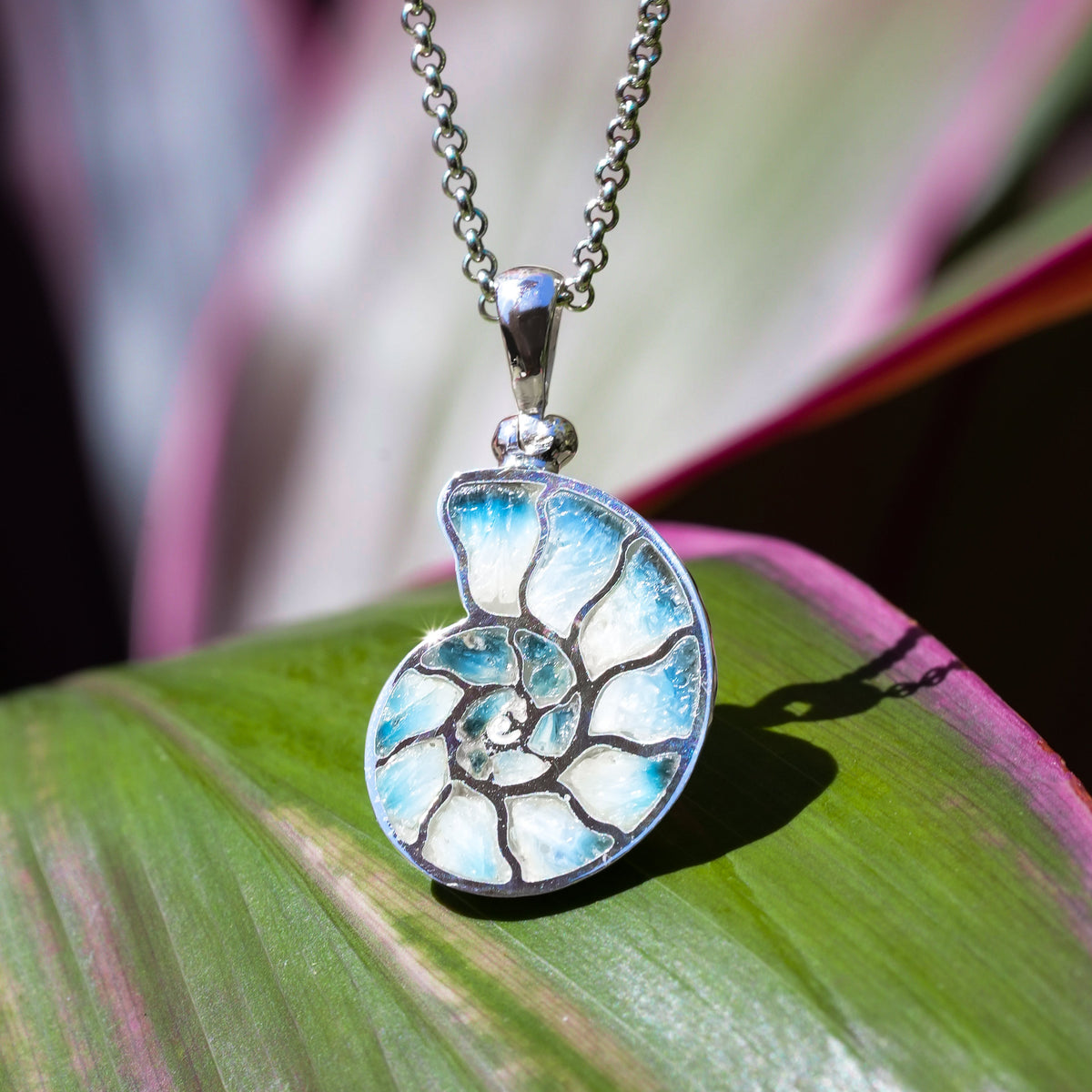 Starborn Gemstones Inlay Nautilus Ammonite Pendant in Sterling Silver