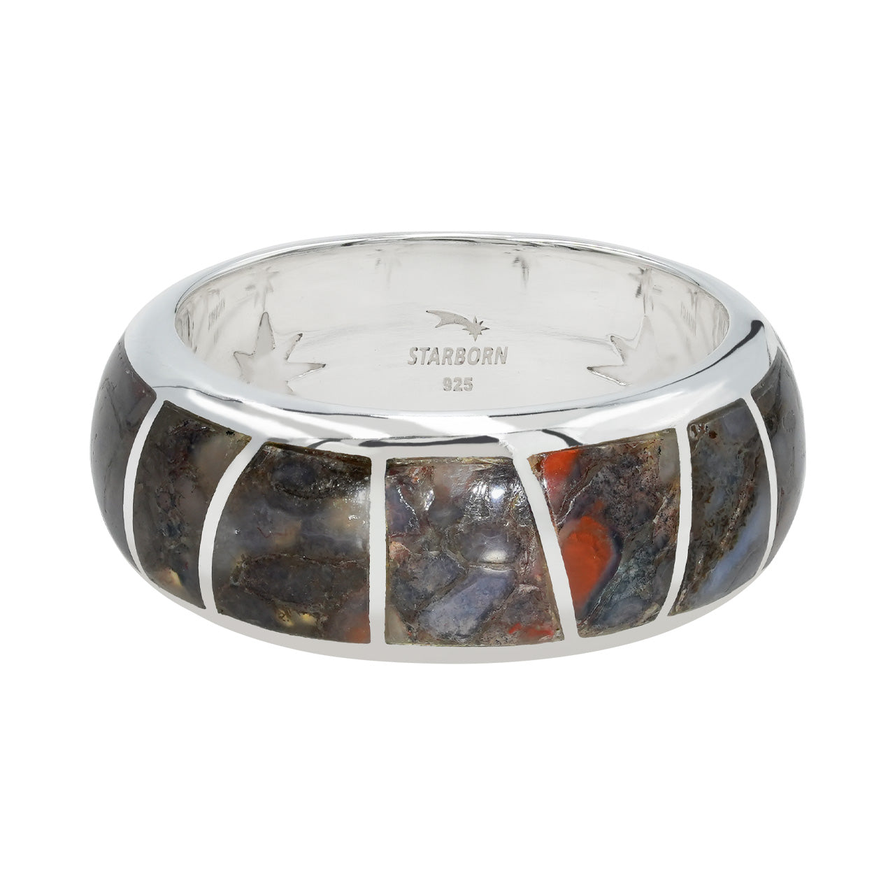 Front view of a sterling silver channel ring showing fossil dinosaur bone inlay