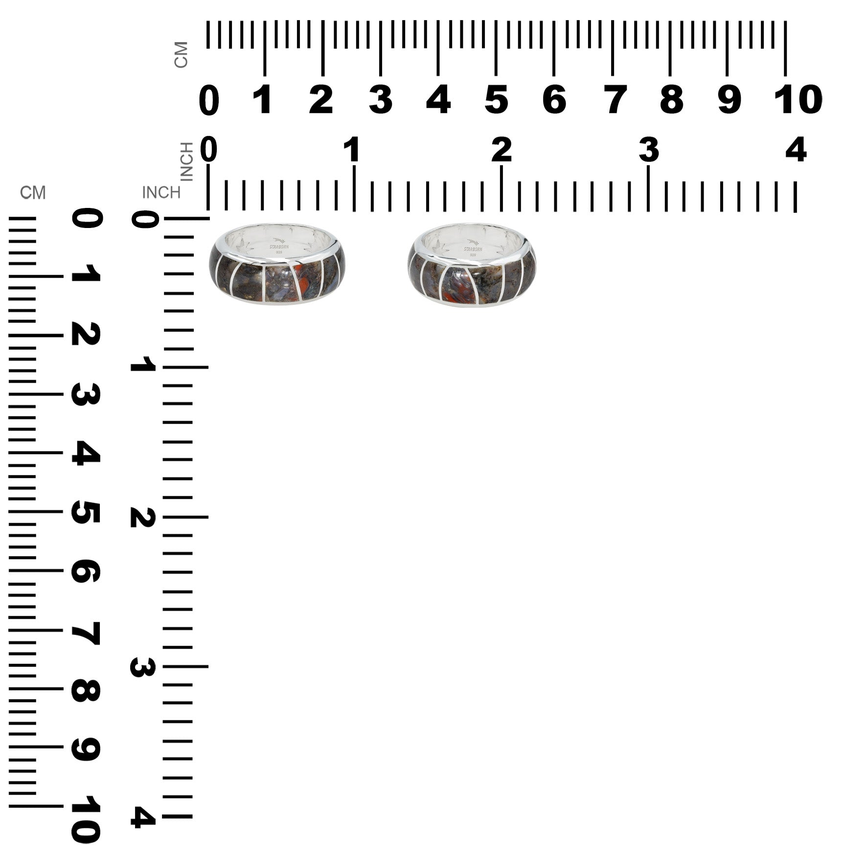 Pair of Dinosaur Bone channel rings displayed next to measurement chart showing height and width in inches and centimeters.
