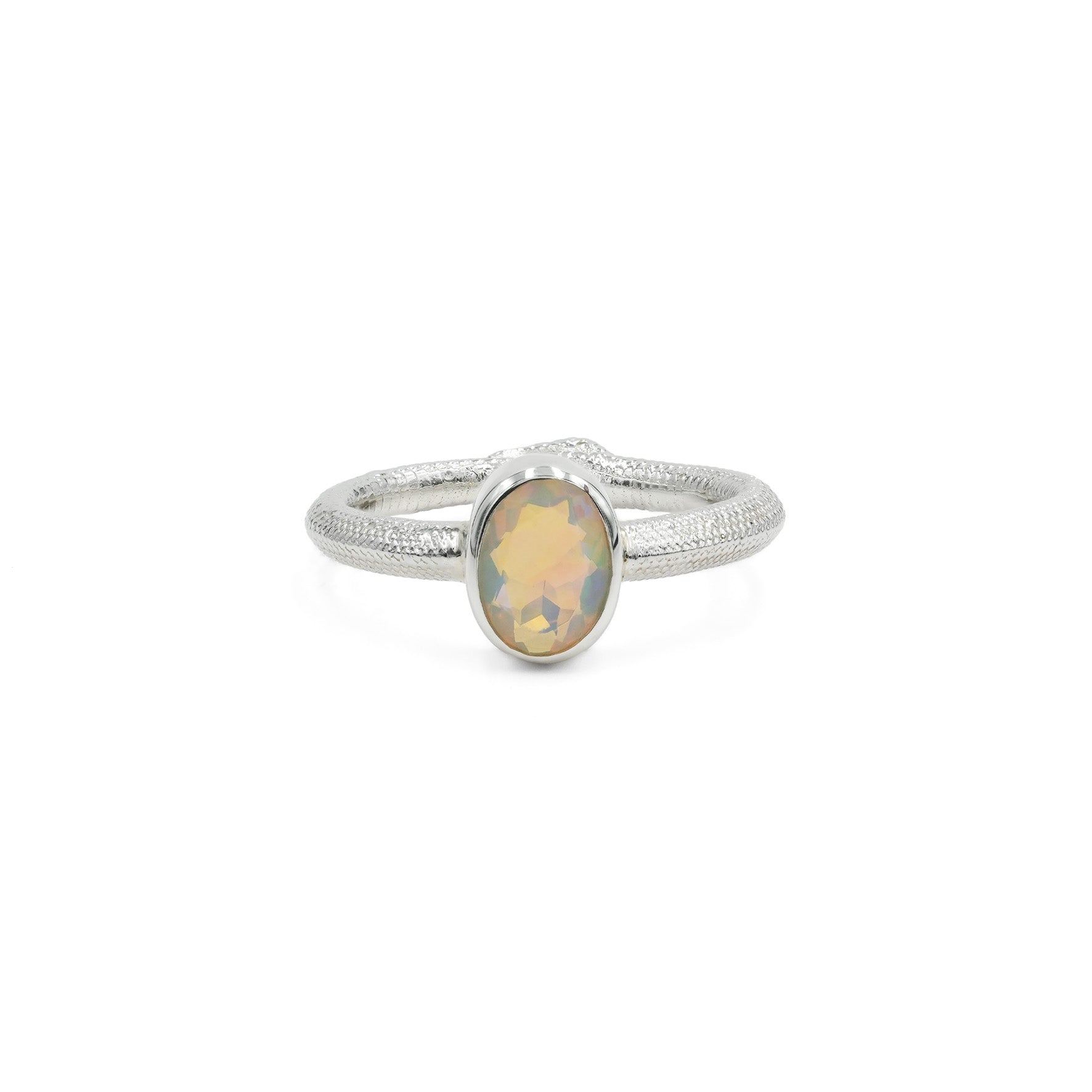 Starborn Ouroboros Ring with Faceted Natural Ethiopian Opal in Sterling Silver