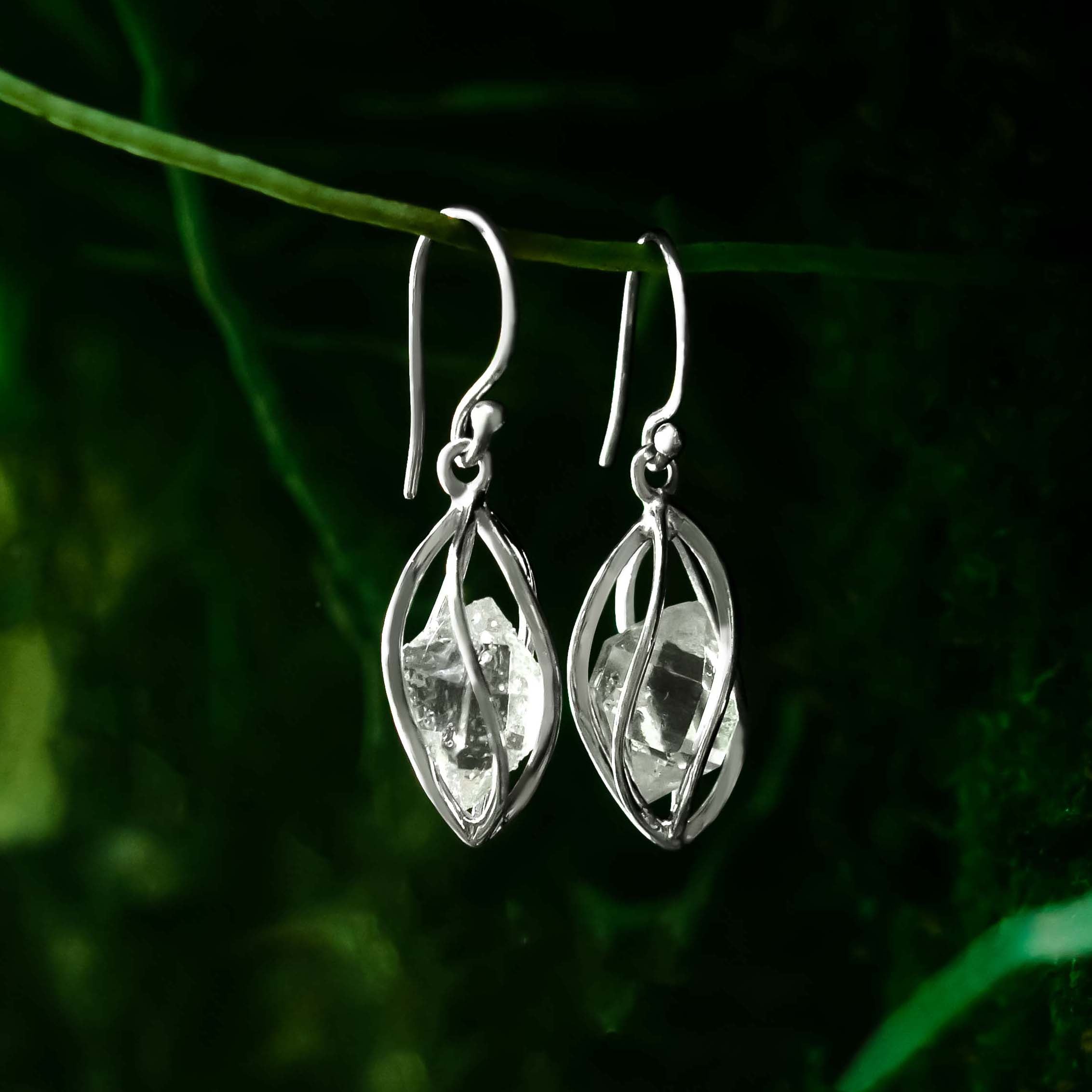 Starborn Herkimer Diamant Quarz Kristall Sterling Silber Käfig Ohrringe