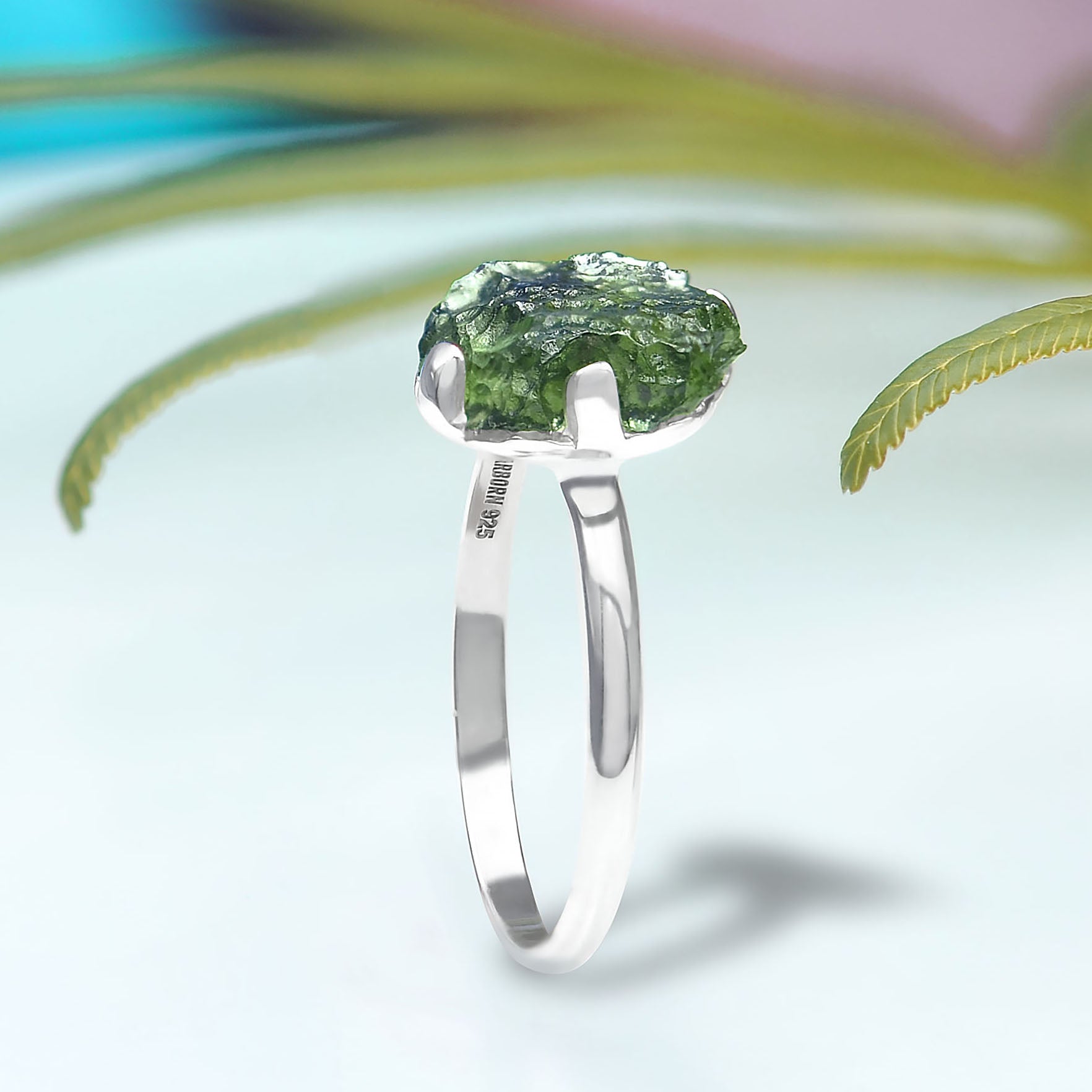Starborn Rough Moldavite Ring in Sterling Silver