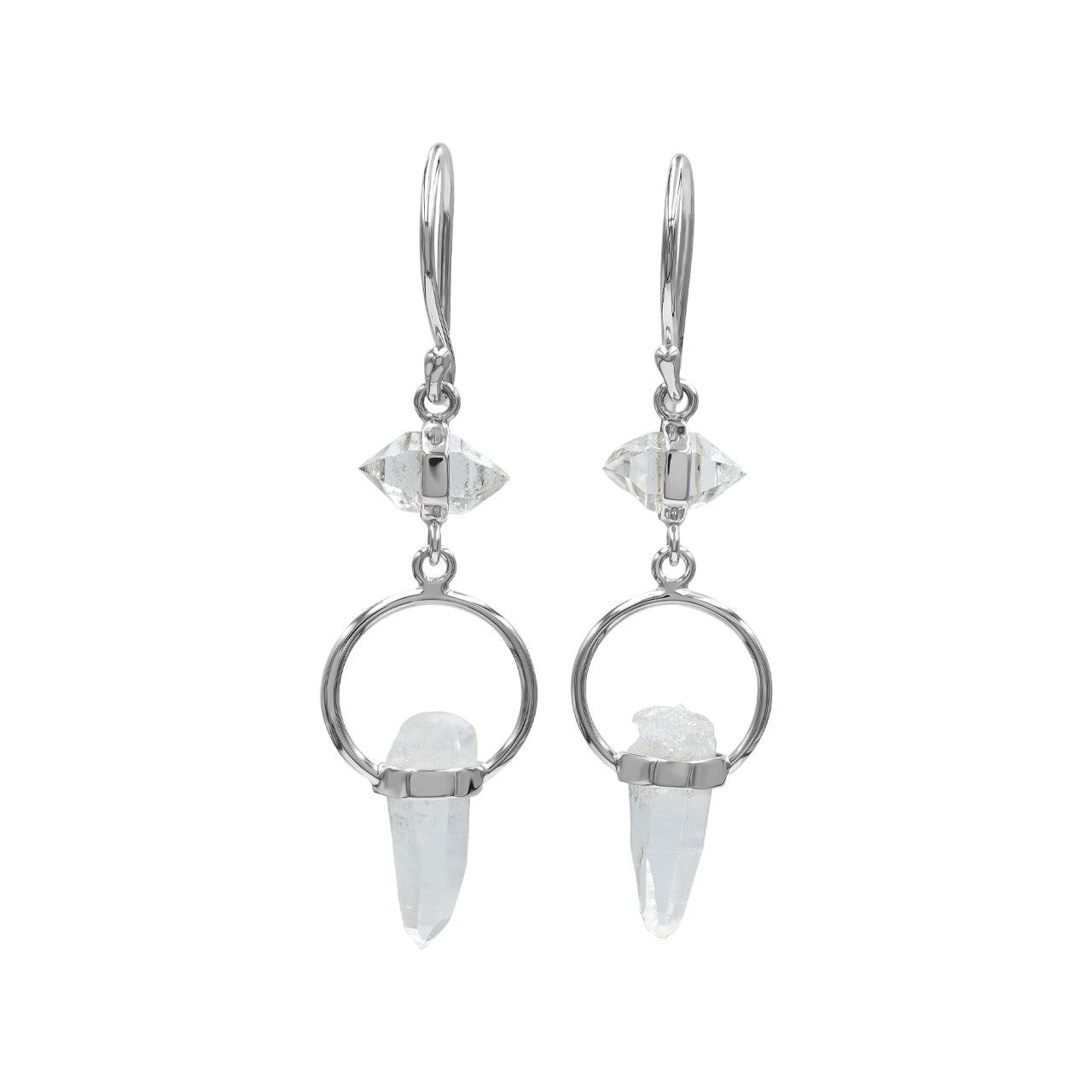 Starborn Herkimer Diamond & Quartz Crystal Dangle Earrings with Round Wire Detail in Sterling Silver