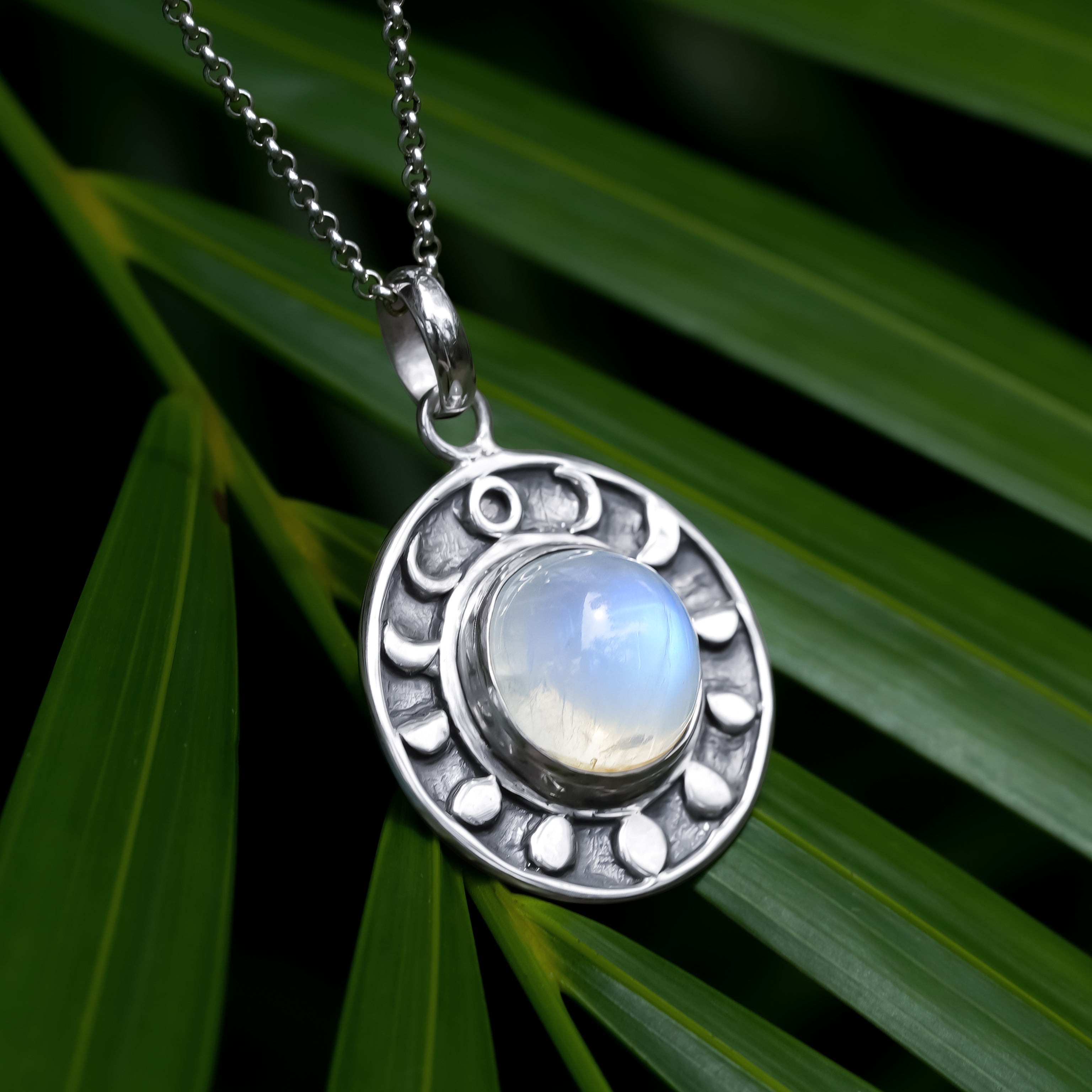 Starborn Rainbow Moonstone Moon Phases Pendant in Sterling Silver
