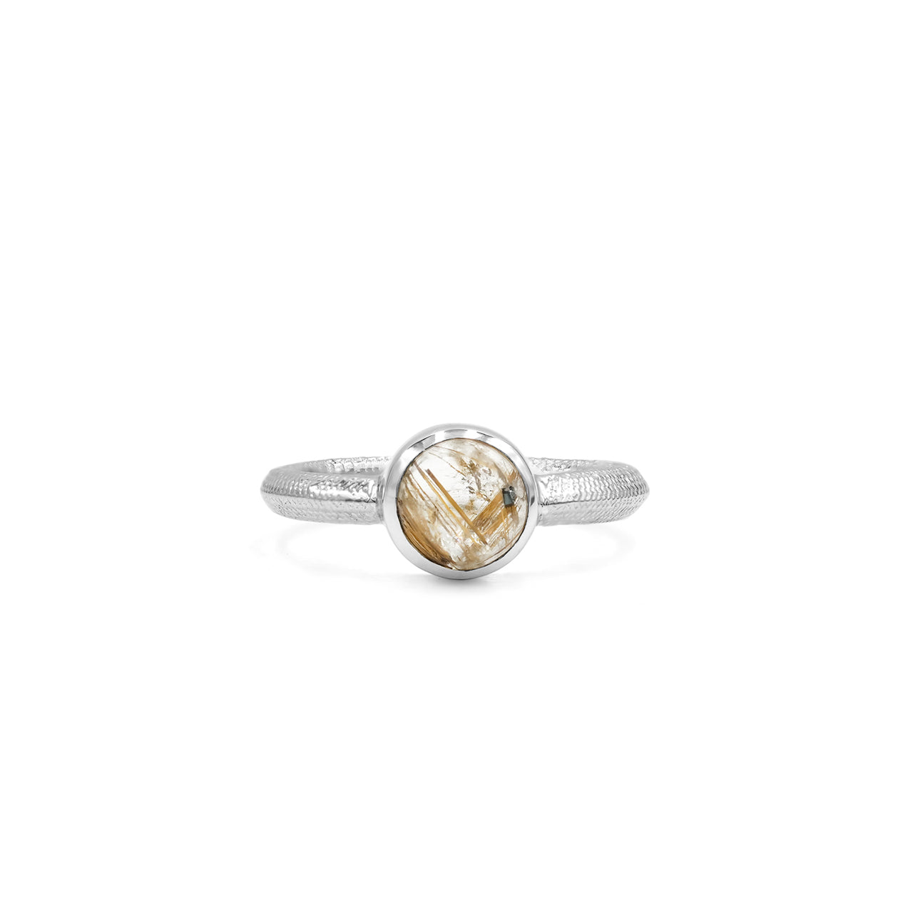 Starborn Rutilated Quartz Ouroboros Polished Round Ring in Fine Sterling Silver