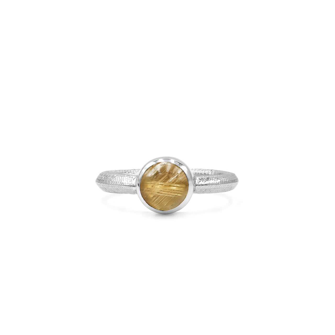 Starborn Rutilated Quartz Ouroboros Polished Round Ring in Fine Sterling Silver