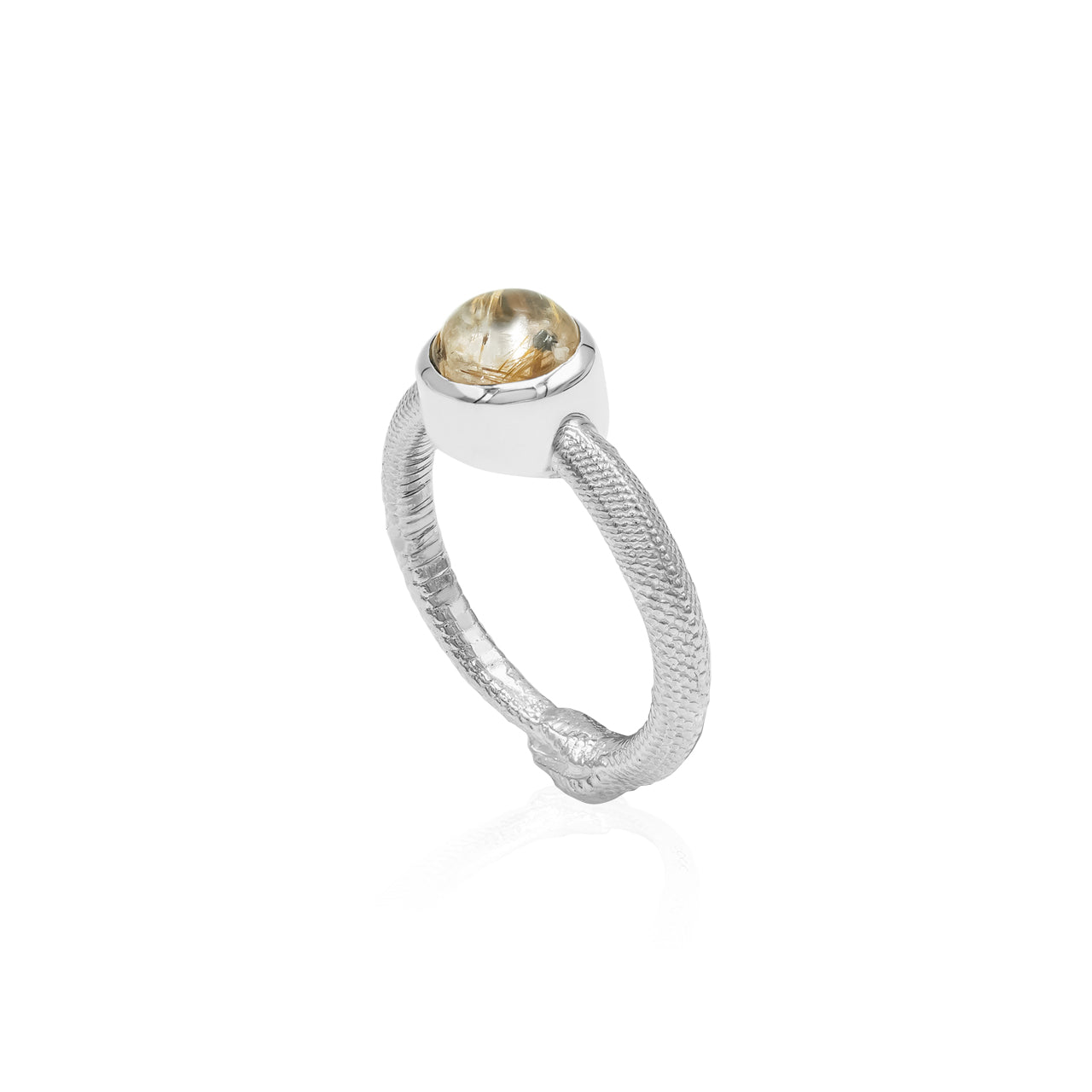 Starborn Rutilated Quartz Ouroboros Polished Round Ring in Fine Sterling Silver