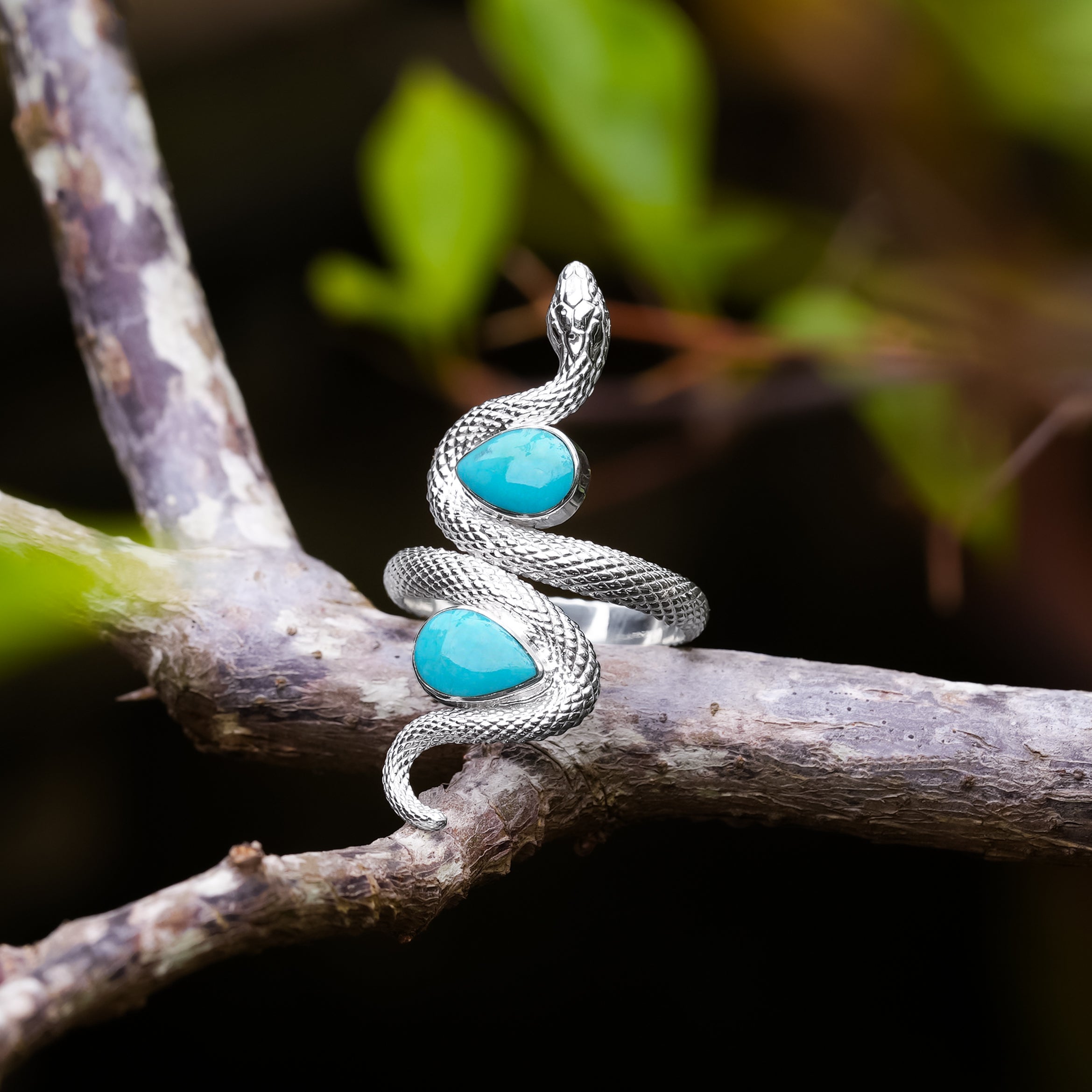 Starborn Snake Ring with Dual Turquoise in Sterling Silver