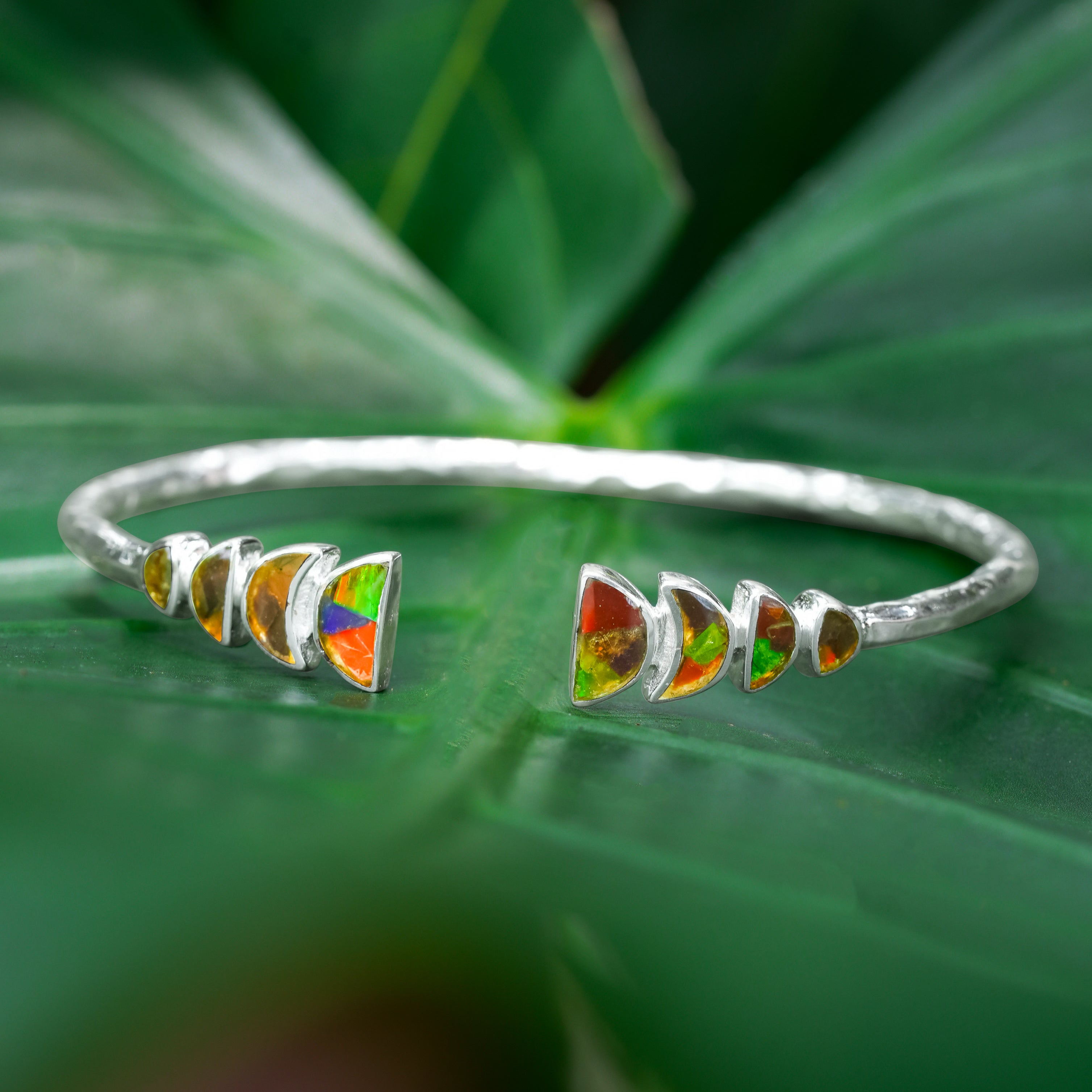 Starborn Open Bangle Bracelet with Partial Lunar Eclipse Gemstone Design in Sterling Silver