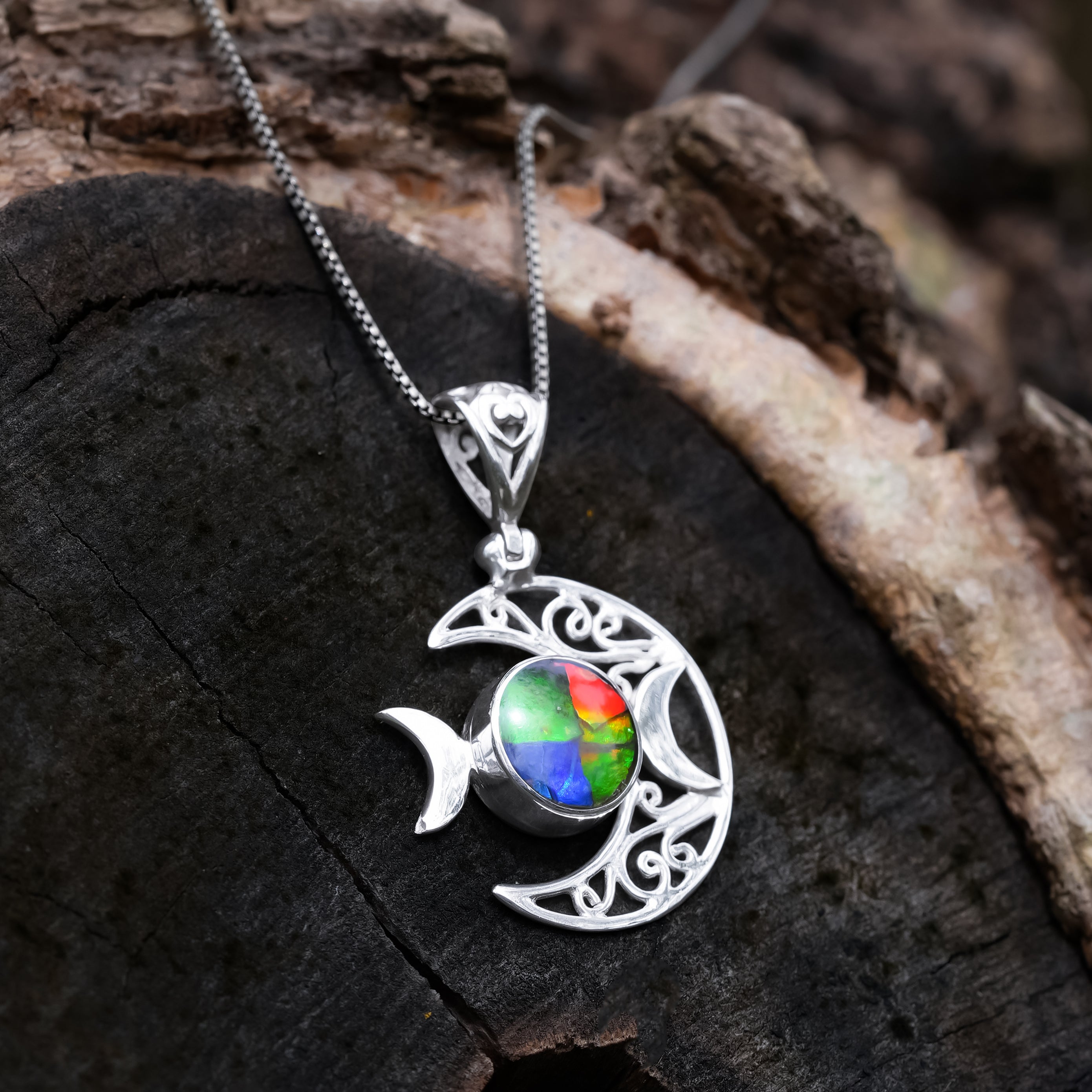 Starborn Triple Moon Filigree Pendant in Sterling Silver