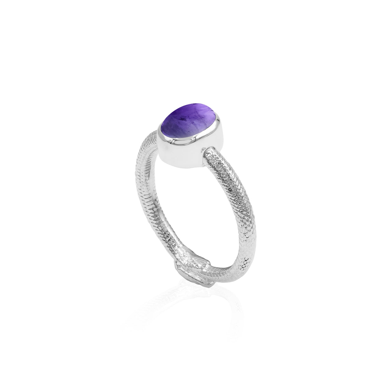 Angled front view of an ouroboros ring with an oval amethyst stone showing the bezel setting and textured band details
