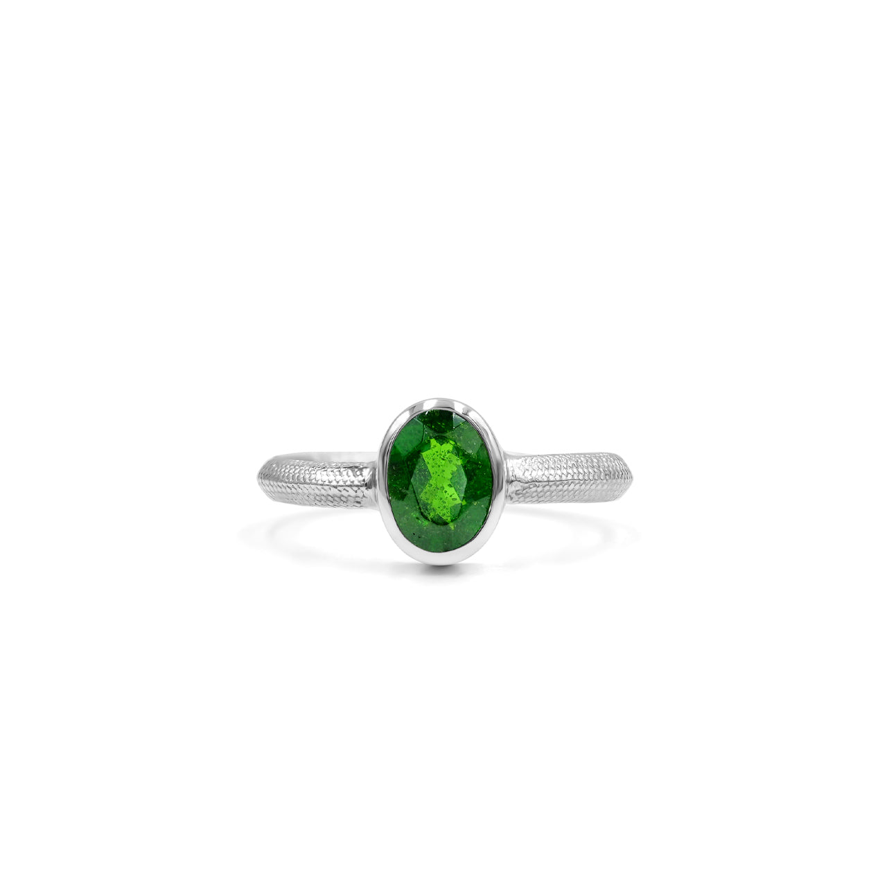 Starborn Chrome Diopside Ouroboros Faceted Oval Ring in Fine Sterling Silver