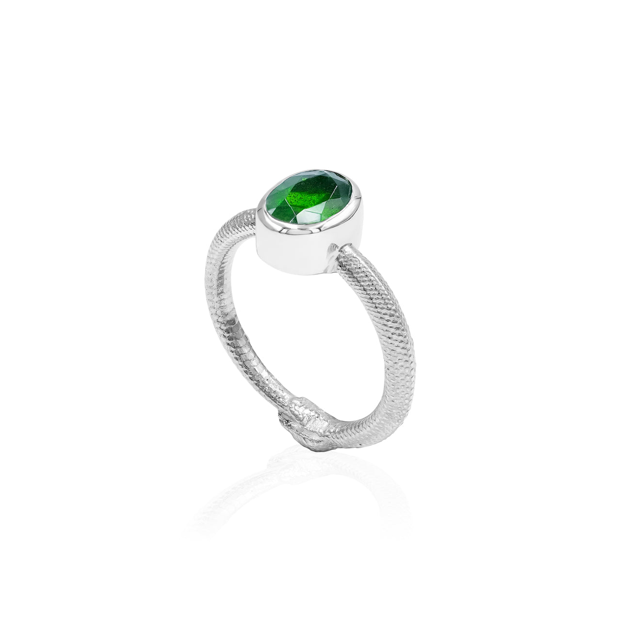 Starborn Chrome Diopside Ouroboros Faceted Oval Ring in Fine Sterling Silver