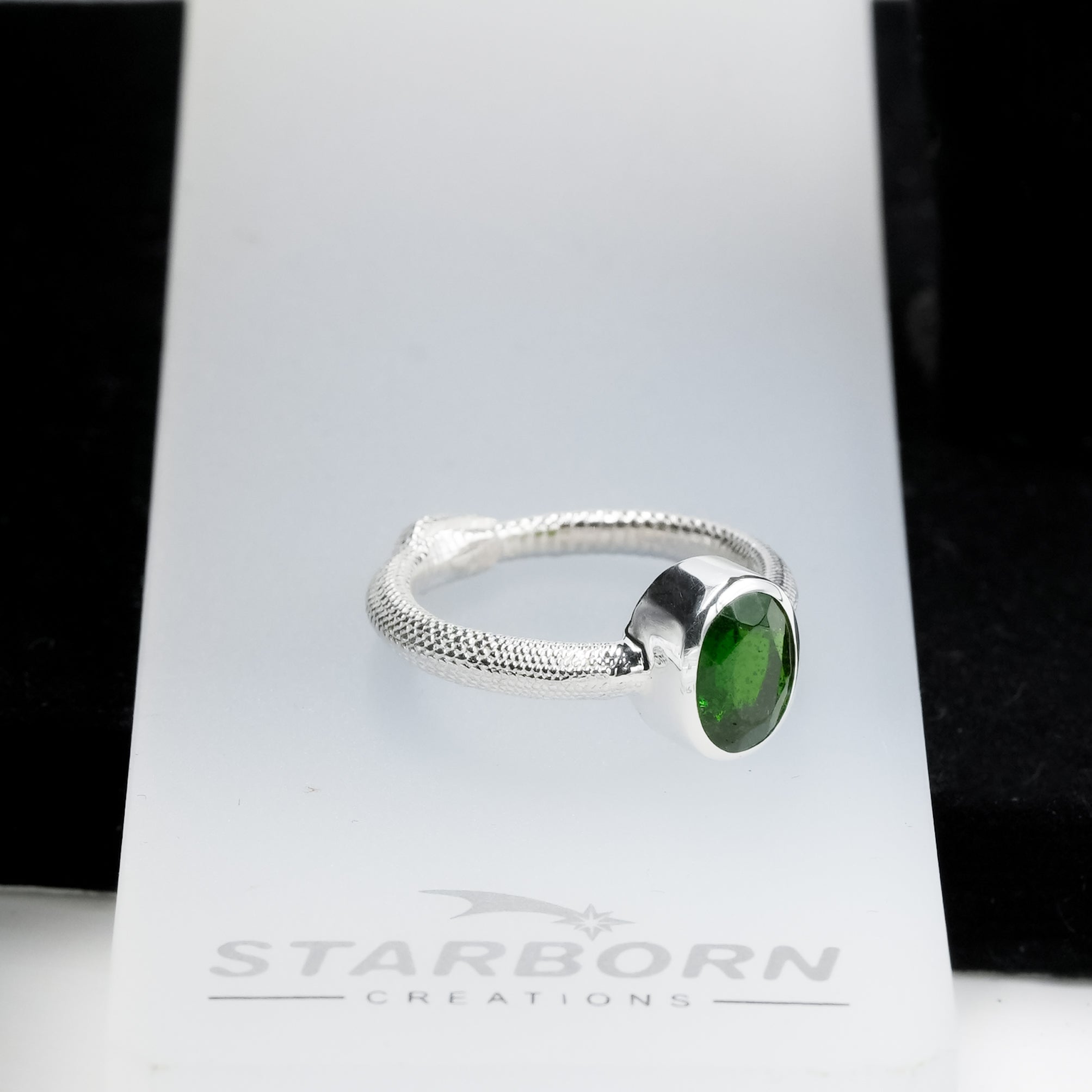 Starborn Chrome Diopside Ouroboros Faceted Oval Ring in Fine Sterling Silver