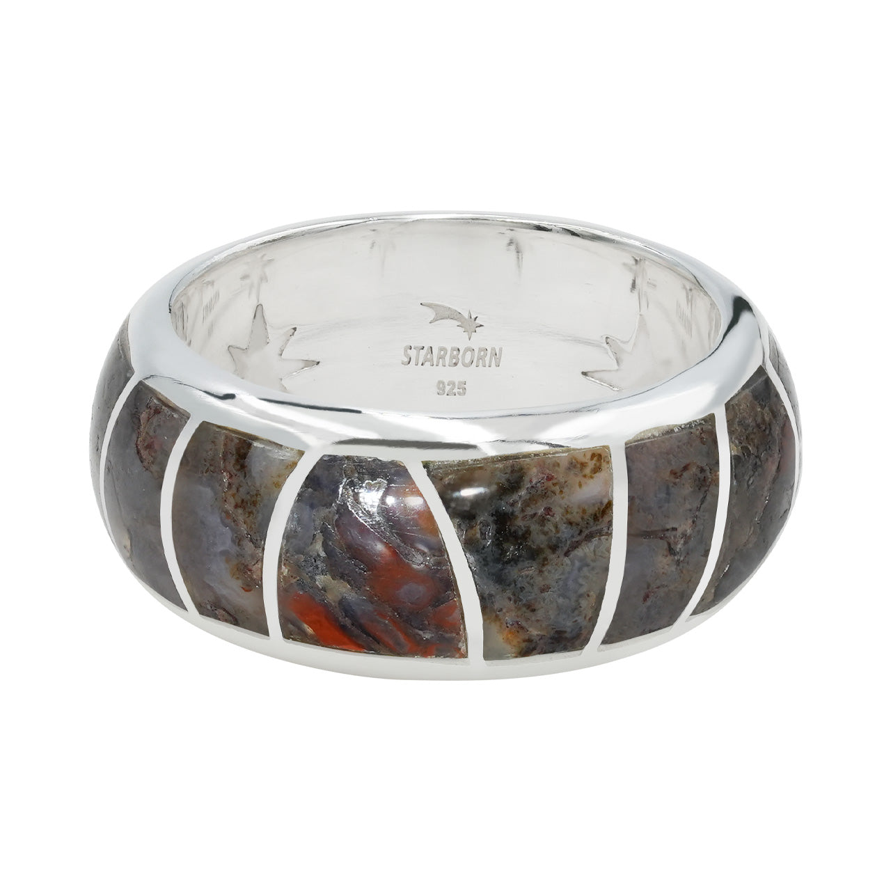 Alternate front view of a sterling silver channel ring showing fossil dinosaur bone inlay 