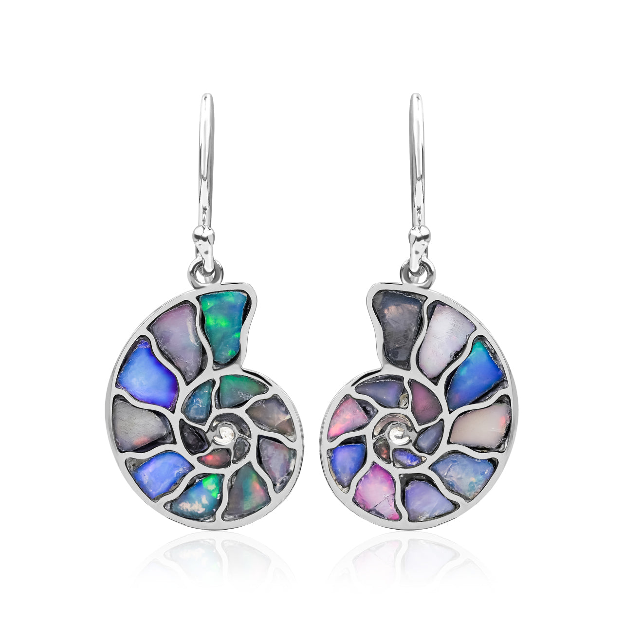 Starborn Nautilus Ammonite with Gemstones Inlay Earring in Sterling Silver - Small