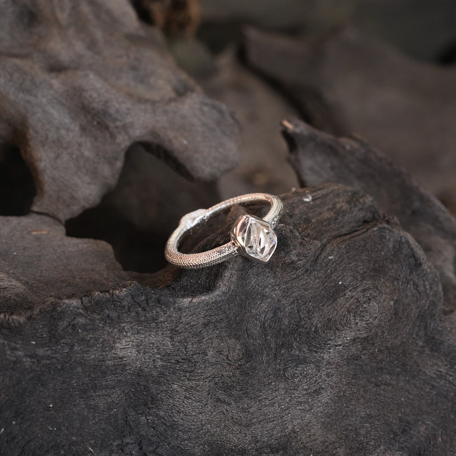 Starborn Ouroboros Ring with Faceted Herkimer Diamond Quartz Crystal in Sterling Silver