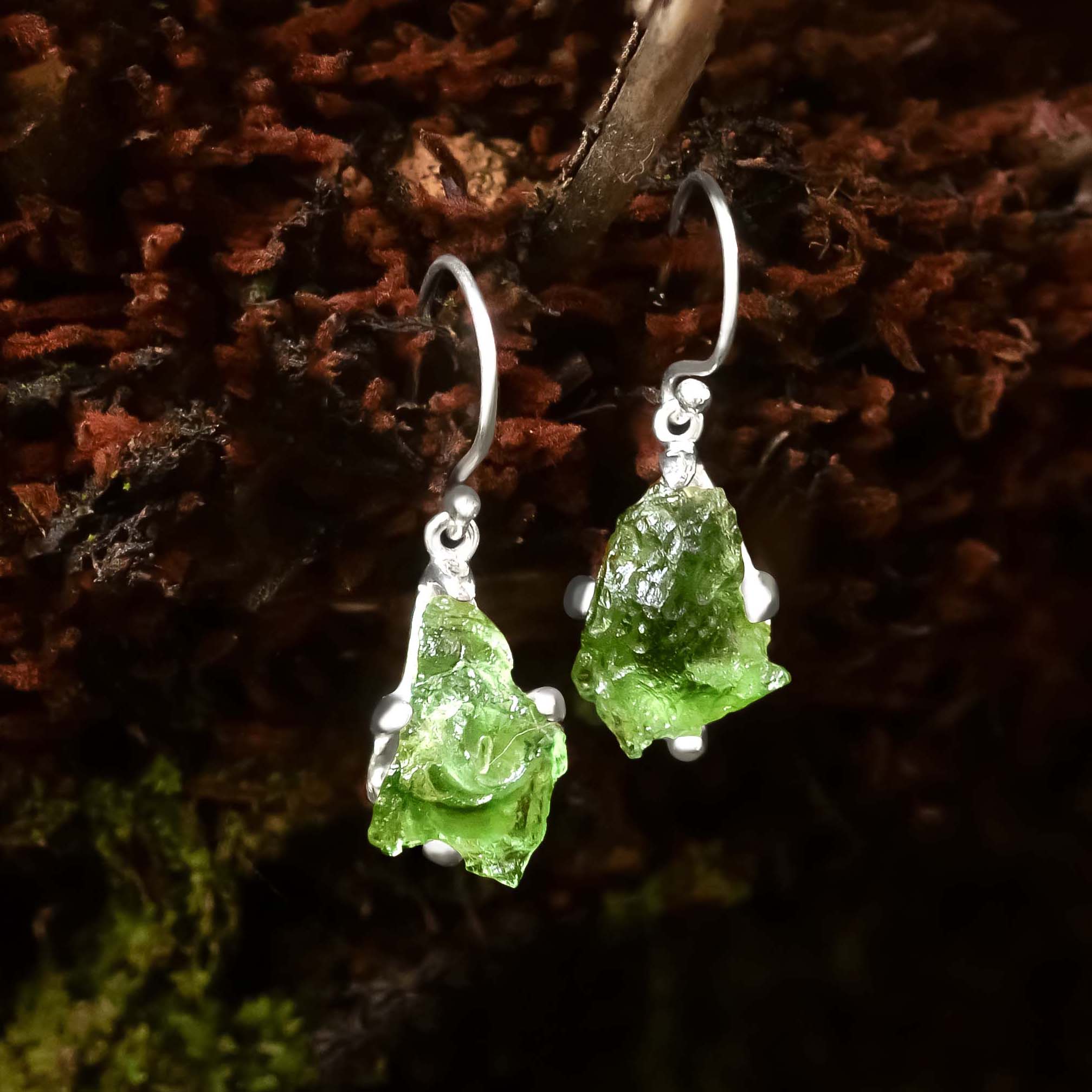 Starborn Natural Raw Moldavite Earrings in Sterling Silver