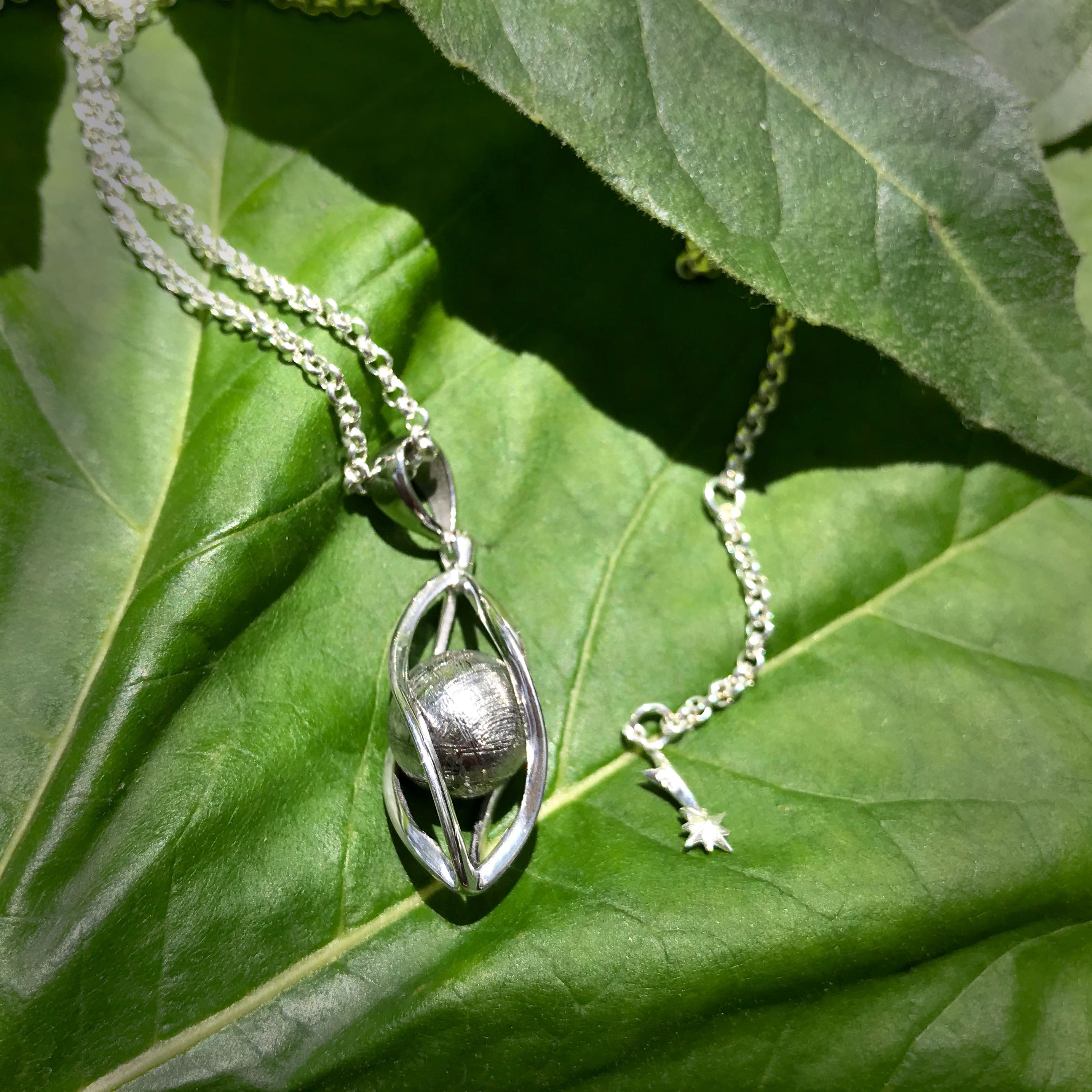 Genuine Muonionalusta Meteorite Sphere Cage Set Pendant in Sterling Silver