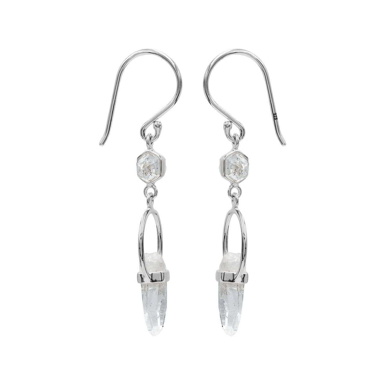 Starborn Herkimer Diamond &amp; Quartz Crystal Dangle Earrings with Round Wire Detail in Sterling Silver