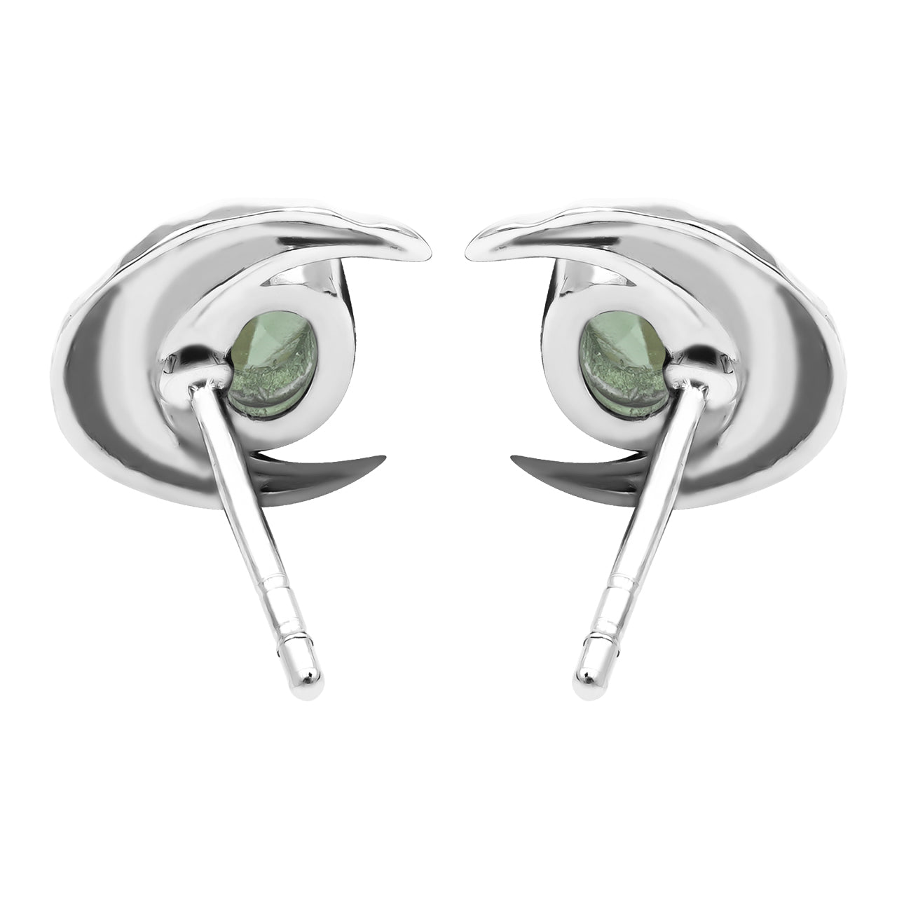 Peridot 6mm oval faceted post style ring with hammered crescent moon accent.