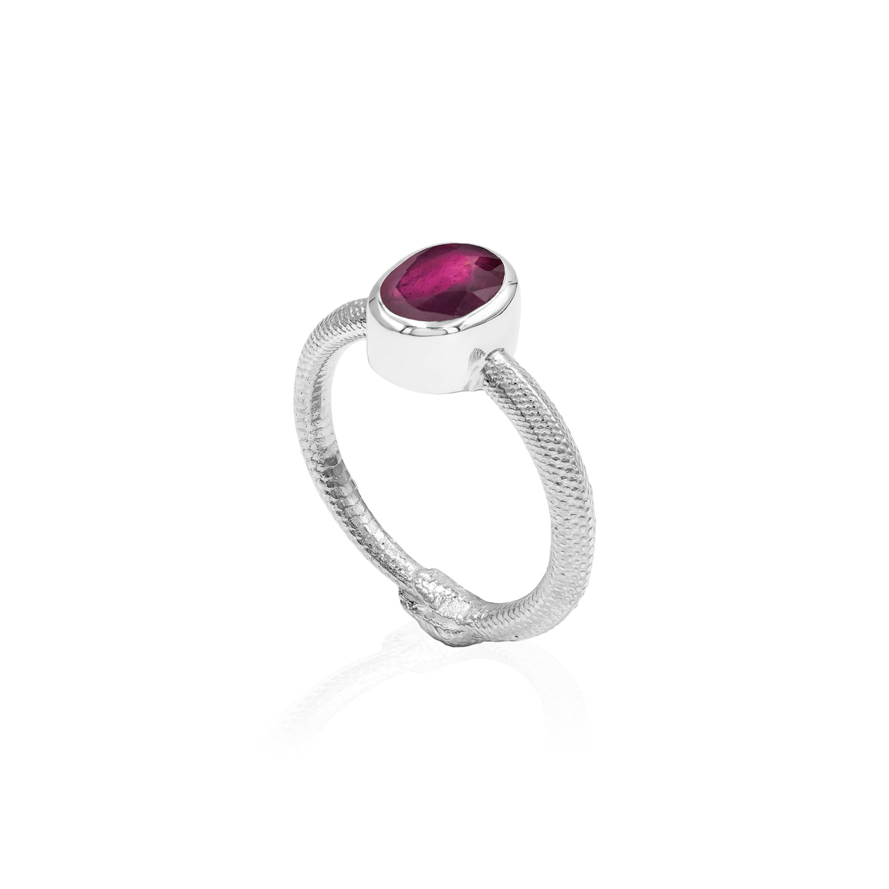 Starborn Ruby Ouroboros Faceted Oval Ring in Fine Sterling Silver