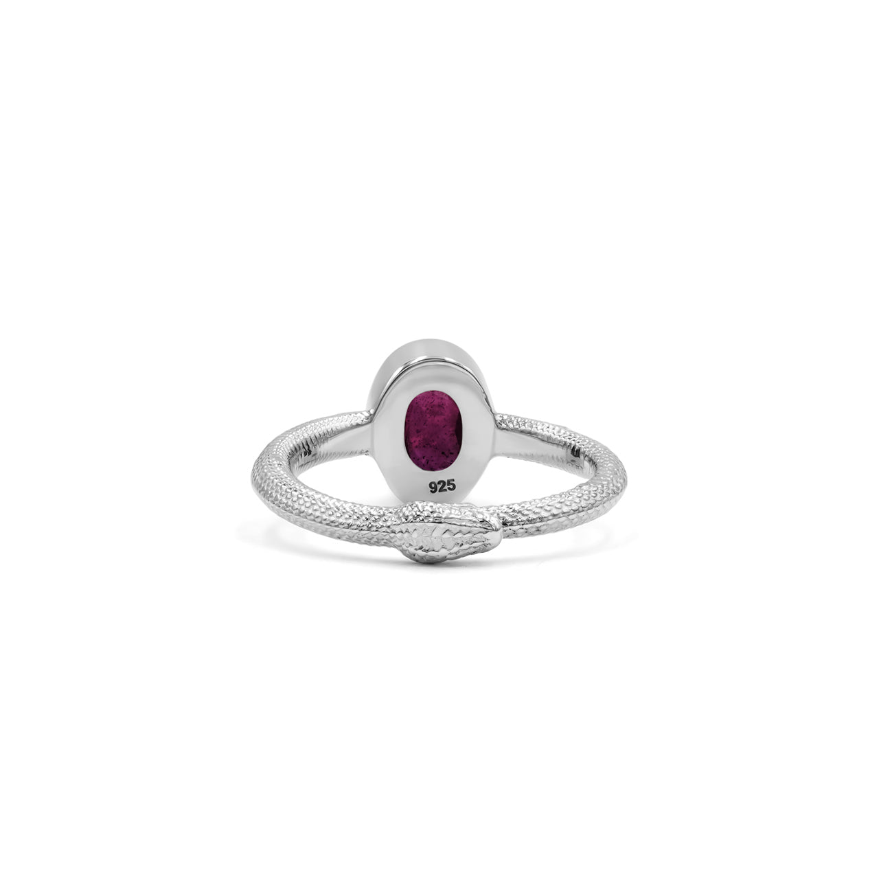 Starborn Ruby Ouroboros Faceted Oval Ring in Fine Sterling Silver