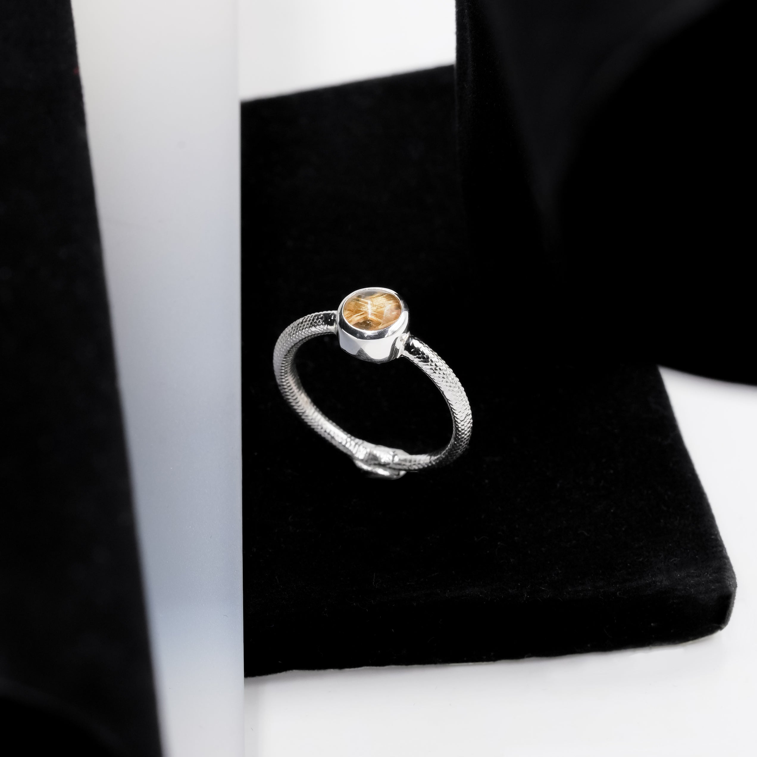 Starborn Rutilated Quartz Ouroboros Polished Round Ring in Fine Sterling Silver