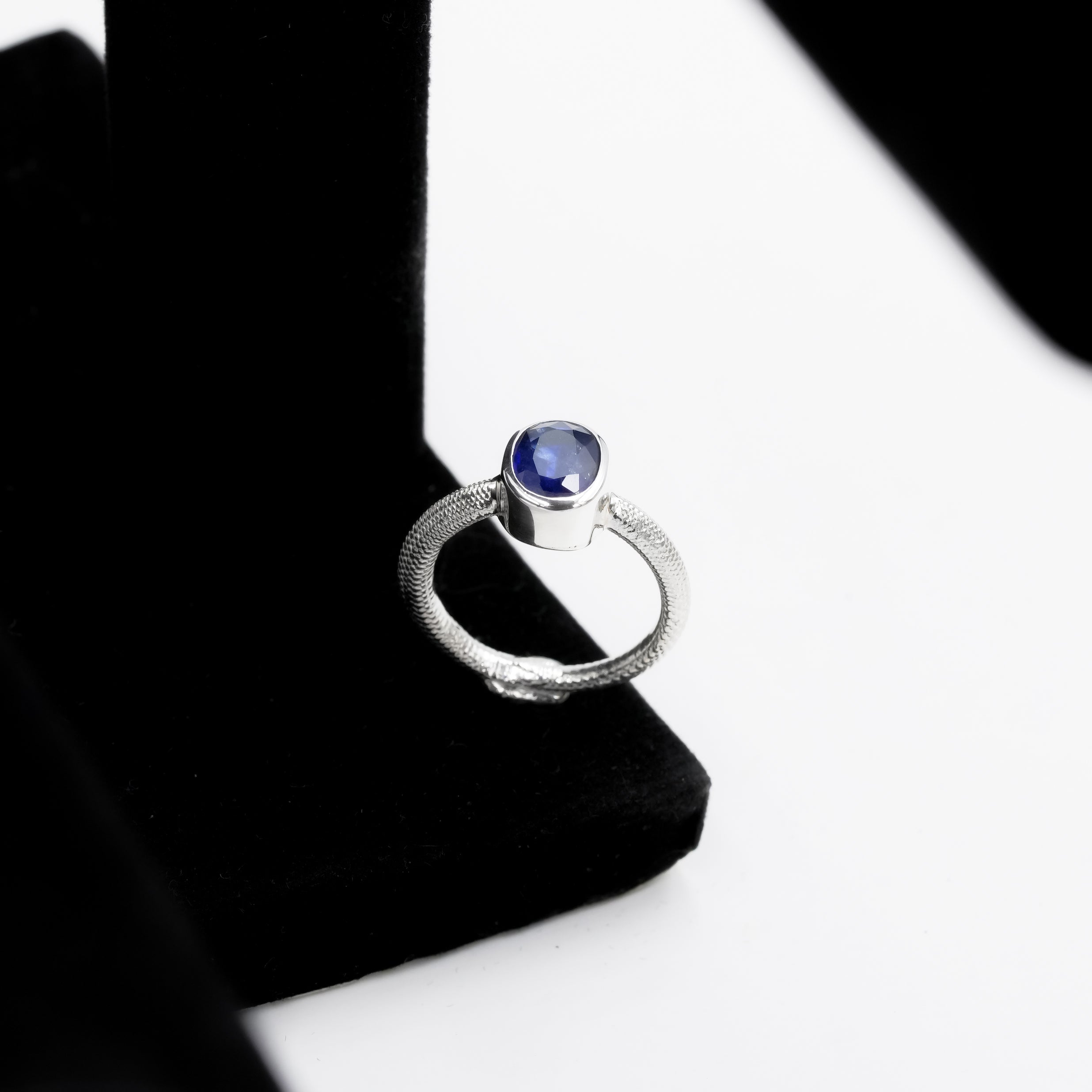 Starborn Sapphire Ouroboros Faceted Oval Ring in Fine Sterling Silver
