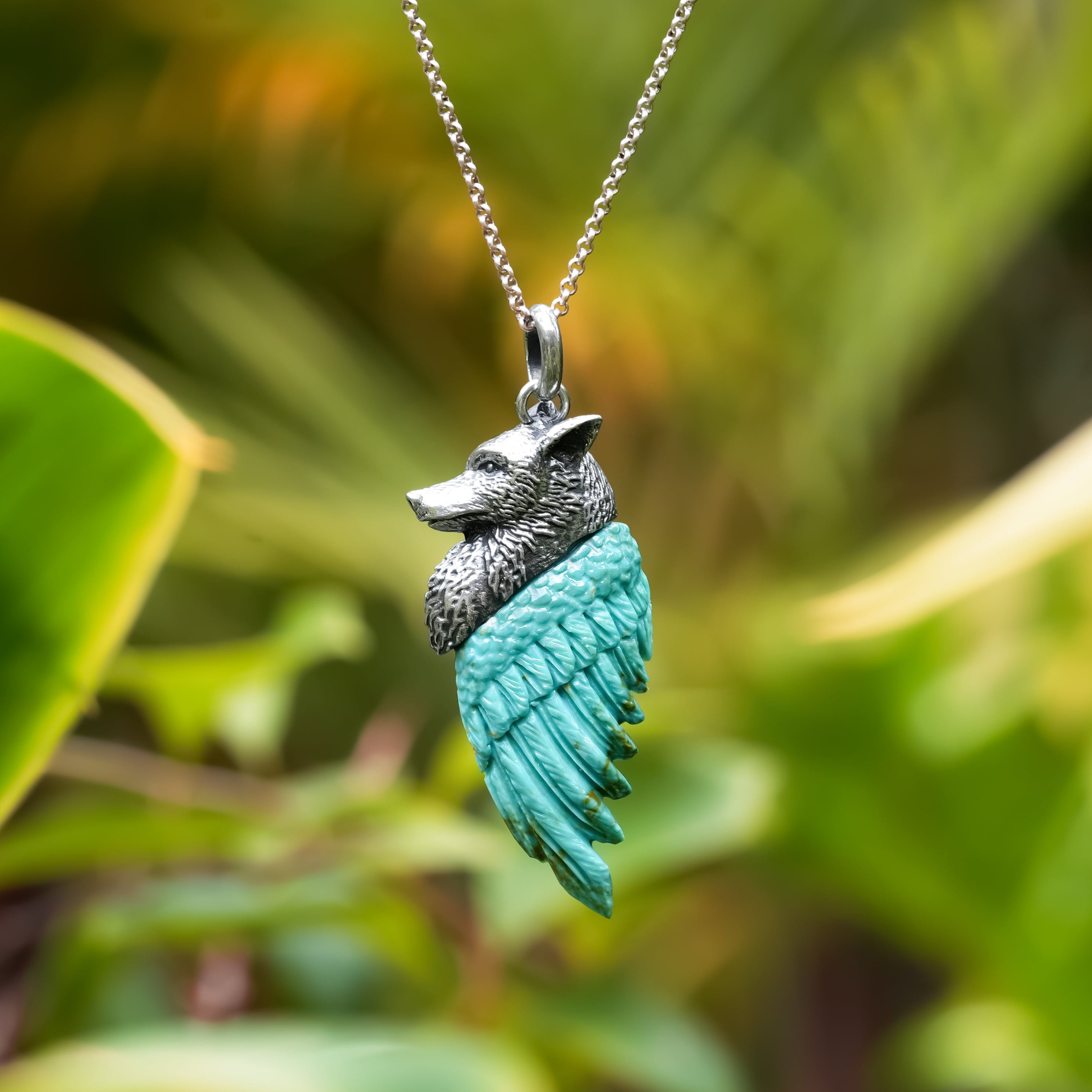 Starborn Carved Gemstones Winged Wolf Style Pendant in Sterling Silver