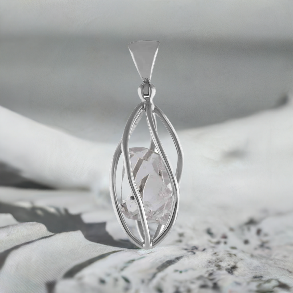 Starborn Herkimer Diamond Large Quartz Crystal Sterling Silver Cage Pendant